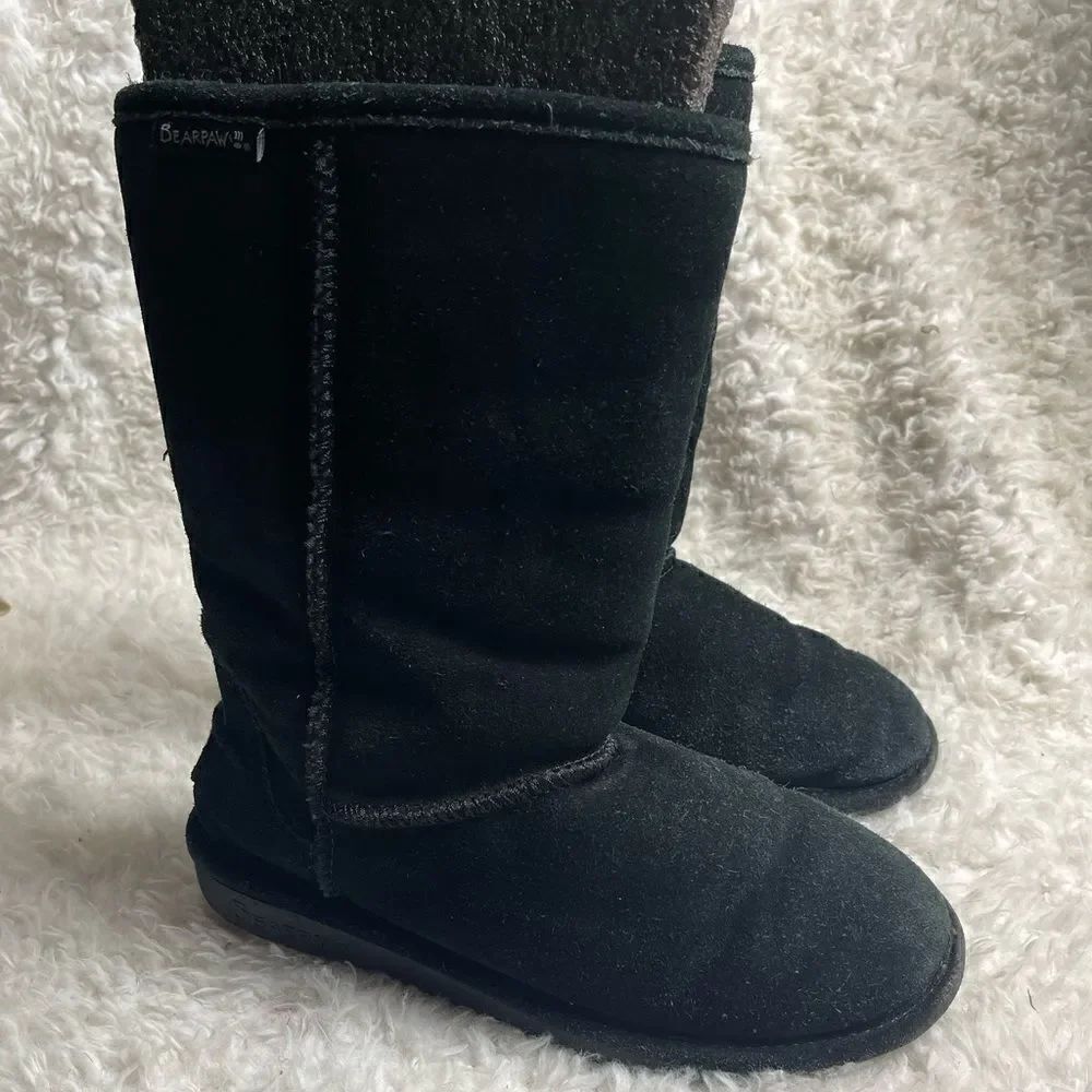 BearPaw black leather suede mid calf boots.sheepskin & wool blend lining SZ10